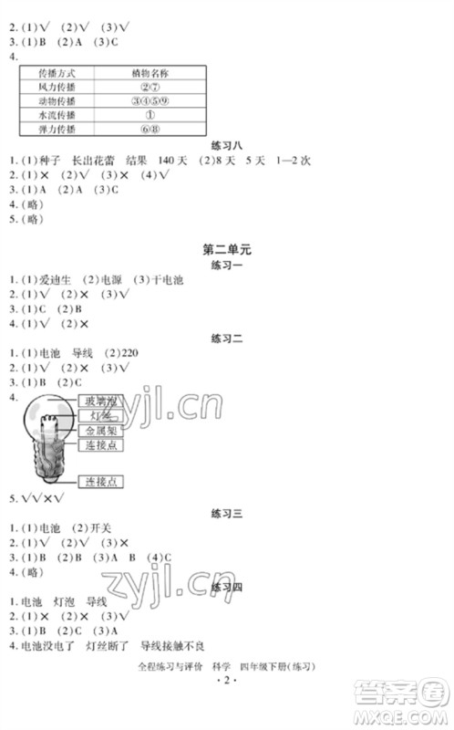 浙江人民出版社2023全程练习与评价四年级科学下册教科版参考答案