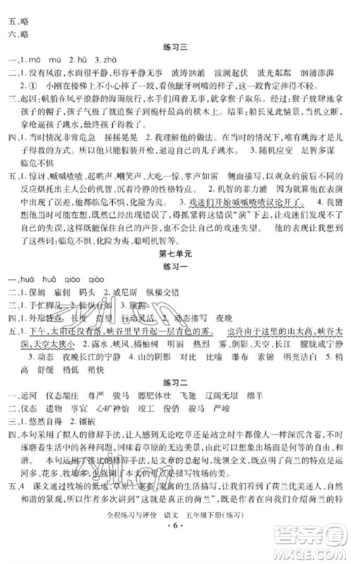 浙江人民出版社2023全程练习与评价五年级语文下册人教版参考答案