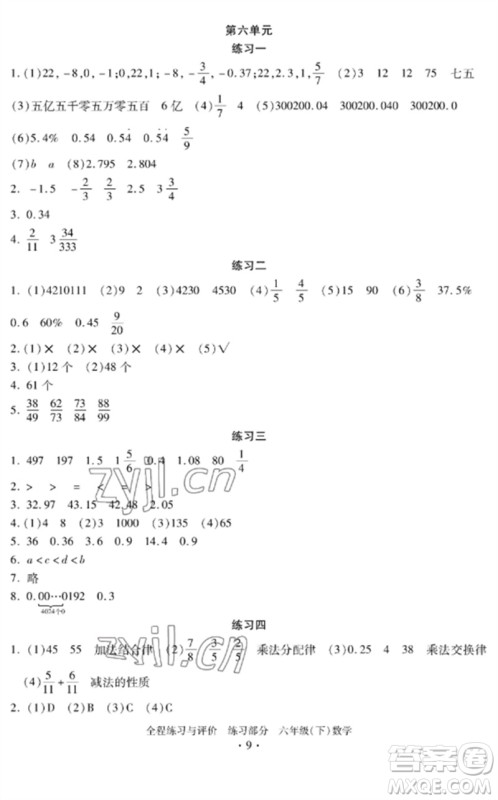 浙江人民出版社2023全程练习与评价六年级数学下册人教版参考答案