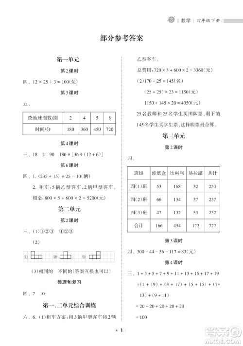 海南出版社2023新课程课堂同步练习册四年级下册数学人教版参考答案