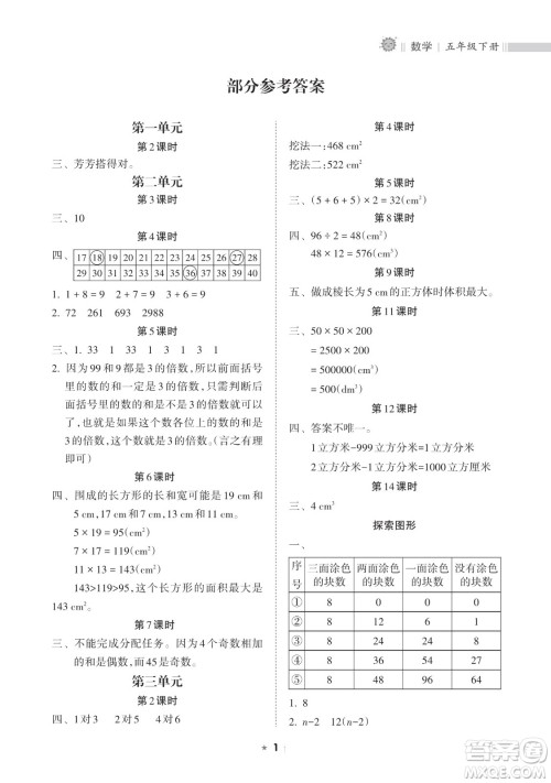 海南出版社2023新课程课堂同步练习册五年级下册数学人教版参考答案
