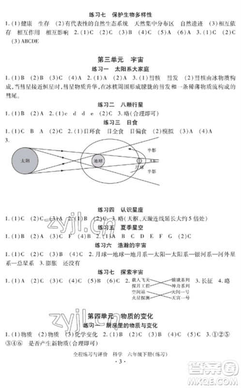 浙江人民出版社2023全程练习与评价六年级科学下册教科版参考答案
