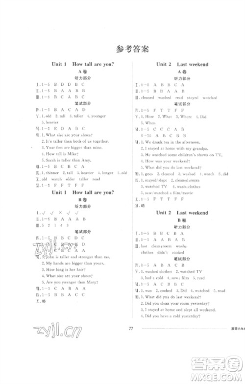 山东科学技术出版社2023同步练习册配套单元自测卷六年级英语下册人教版参考答案