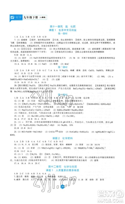 辽海出版社2023新课程化学能力培养九年级下册人教版参考答案 辽海出版社2023新课程化学能力培养九年级下册人教版参考答案