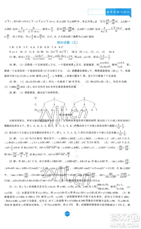 辽海出版社2023新课程数学能力培养九年级下册北师大版参考答案