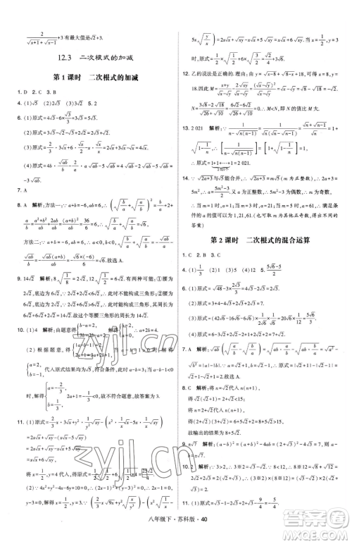 甘肃少年儿童出版社2023经纶学典学霸题中题八年级下册数学苏科版参考答案