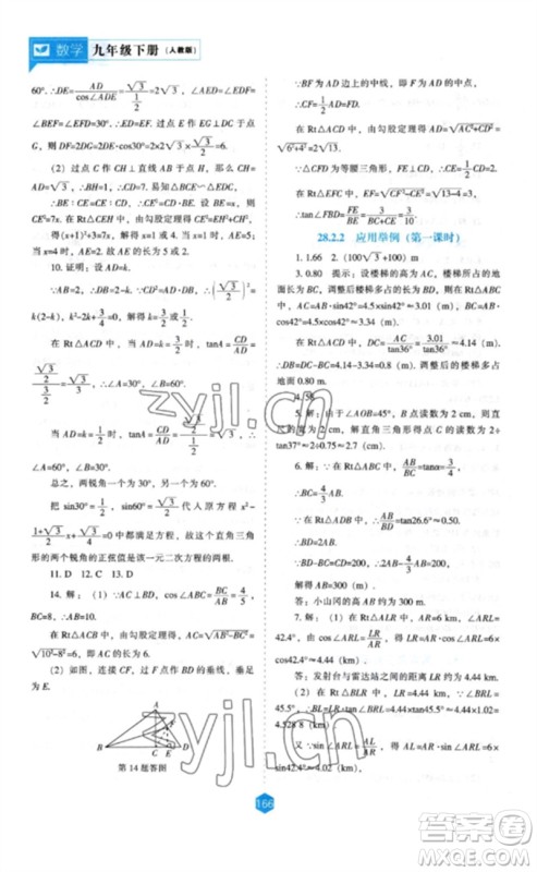 辽海出版社2023新课程数学能力培养九年级下册人教版参考答案