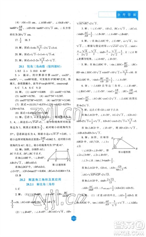 辽海出版社2023新课程数学能力培养九年级下册人教版参考答案