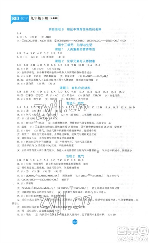 辽海出版社2023新课程化学能力培养九年级下册人教版D版大连专用参考答案