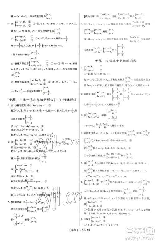 甘肃少年儿童出版社2023经纶学典学霸题中题七年级下册数学浙教版参考答案