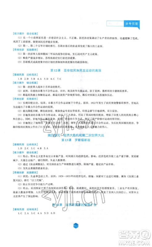 辽海出版社2023新课程历史能力培养九年级下册人教版D版大连专用参考答案