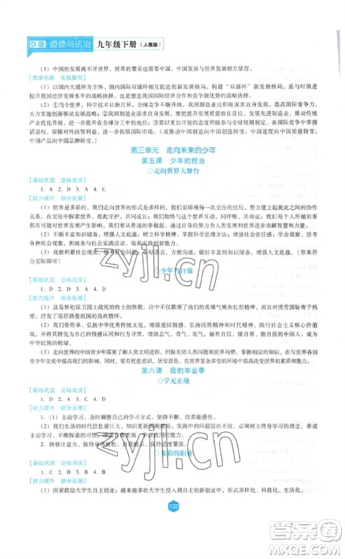 辽海出版社2023新课程道德与法治能力培养九年级下册人教版D版大连专用参考答案