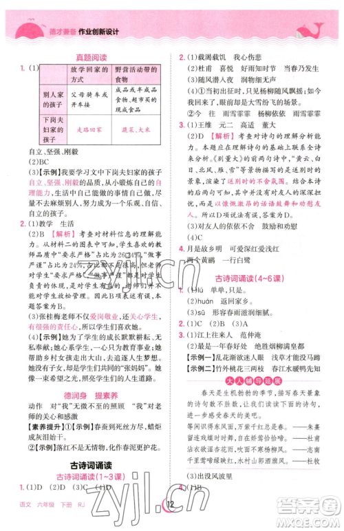 江西人民出版社2023王朝霞德才兼备作业创新设计六年级下册语文人教版参考答案 江西人民出版社2023王朝霞德才兼备作业创新设计六年级下册语文人教版参考答案
