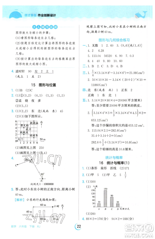 江西人民出版社2023王朝霞德才兼备作业创新设计六年级下册数学人教版参考答案