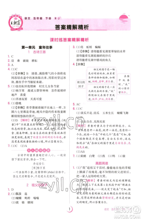 江西人民出版社2023王朝霞德才兼备作业创新设计五年级下册语文人教版参考答案 江西人民出版社2023王朝霞德才兼备作业创新设计五年级下册语文人教版参考答案