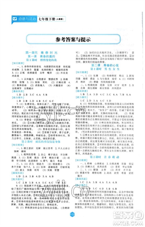 辽海出版社2023新课程道德与法治能力培养七年级下册人教版参考答案