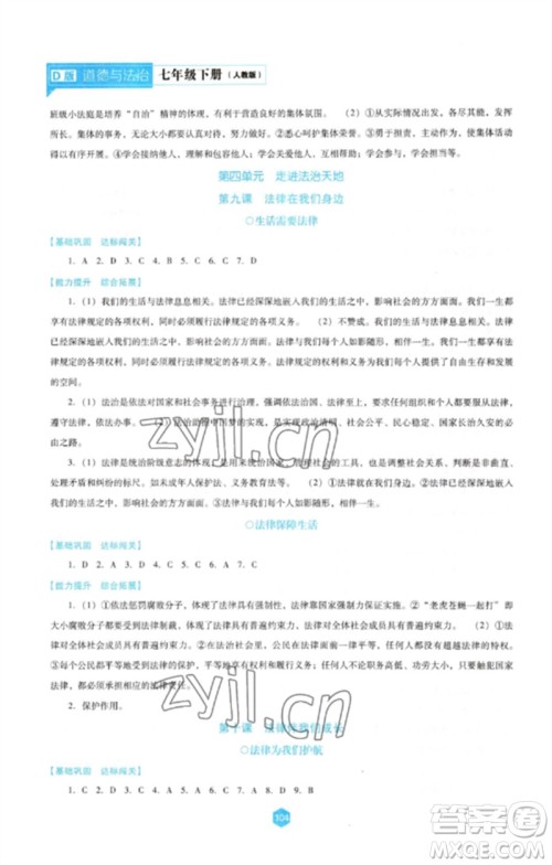 辽海出版社2023新课程道德与法治能力培养七年级下册人教版D版大连专用参考答案