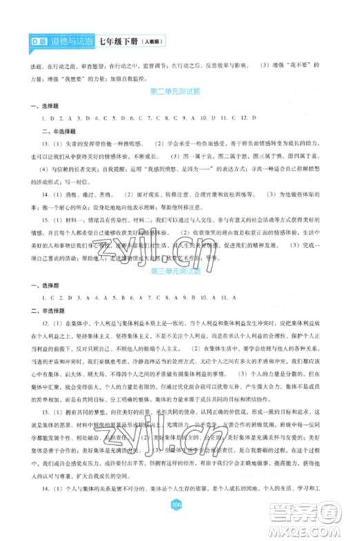 辽海出版社2023新课程道德与法治能力培养七年级下册人教版D版大连专用参考答案