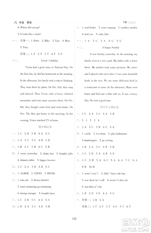 延边人民出版社2023优秀生作业本六年级下册英语人教版参考答案