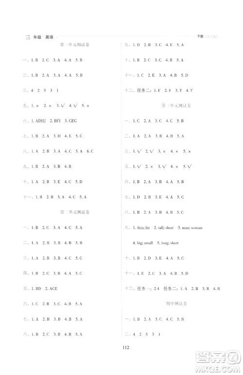 延边人民出版社2023优秀生作业本三年级下册英语人教PEP版参考答案