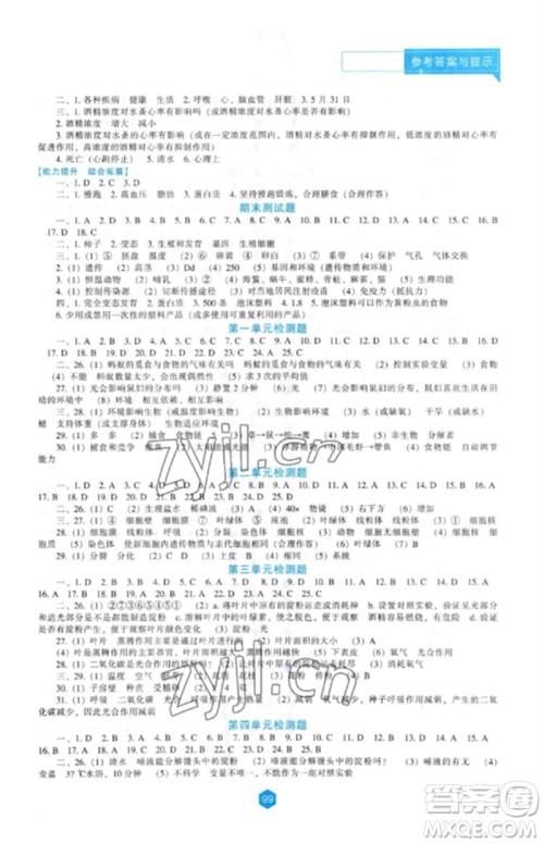 辽海出版社2023新课程生物学能力培养八年级下册人教版参考答案