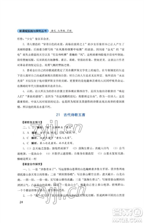 四川教育出版社2023新课程实践与探究丛书七年级语文下册人教版参考答案