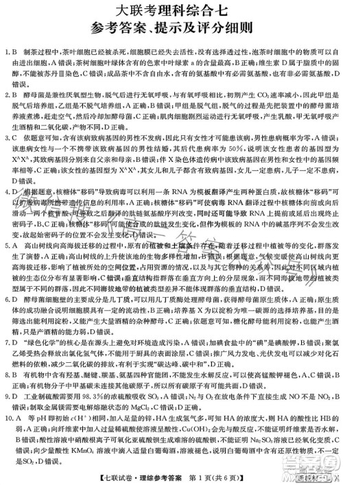 2023届高三第七次百校大联考试卷新教材L理科综合答案 2023届高三第七次百校大联考试卷新教材L理科综合答案