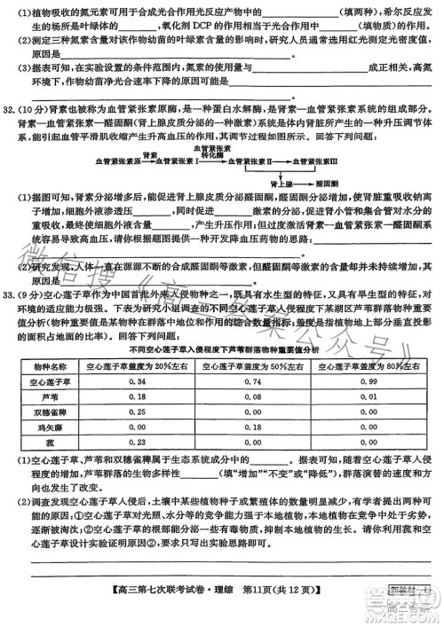 2023届高三第七次百校大联考试卷新教材L理科综合答案 2023届高三第七次百校大联考试卷新教材L理科综合答案
