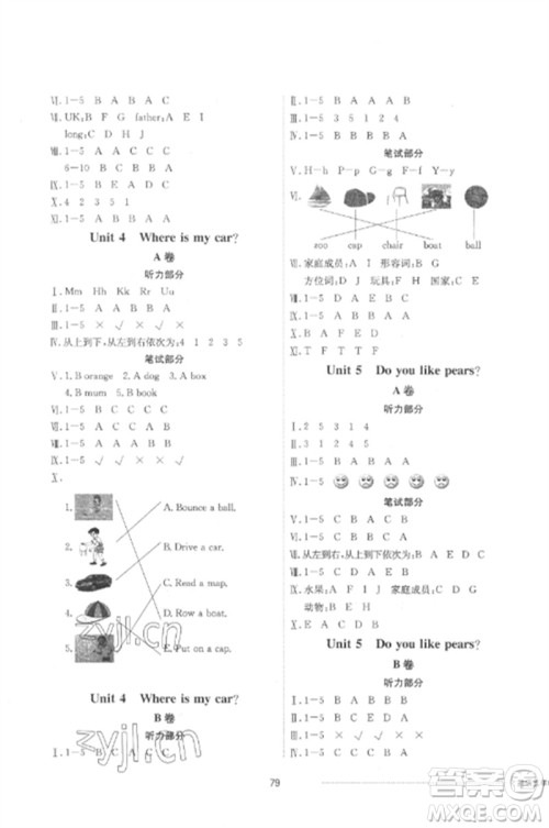 山东科学技术出版社2023同步练习册配套单元自测卷三年级英语下册人教版参考答案