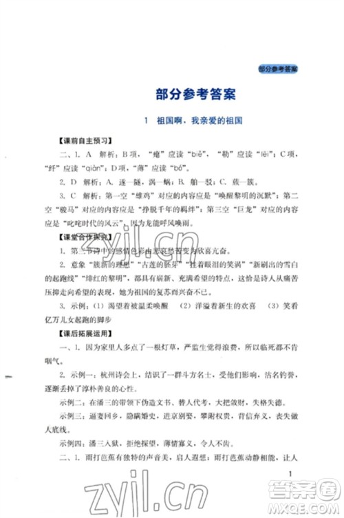 四川教育出版社2023新课程实践与探究丛书九年级语文下册人教版参考答案