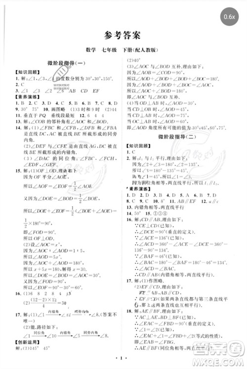 山东教育出版社2023初中同步练习册分层卷七年级数学下册人教版参考答案 山东教育出版社2023初中同步练习册分层卷七年级数学下册人教版参考答案