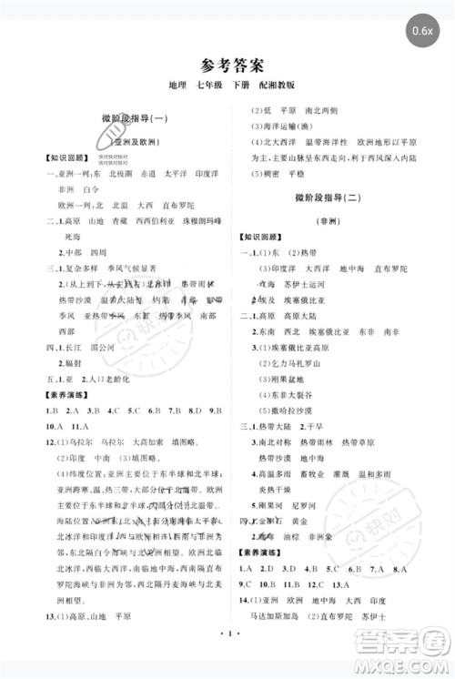 山东教育出版社2023初中同步练习册分层卷七年级地理下册湘教版参考答案