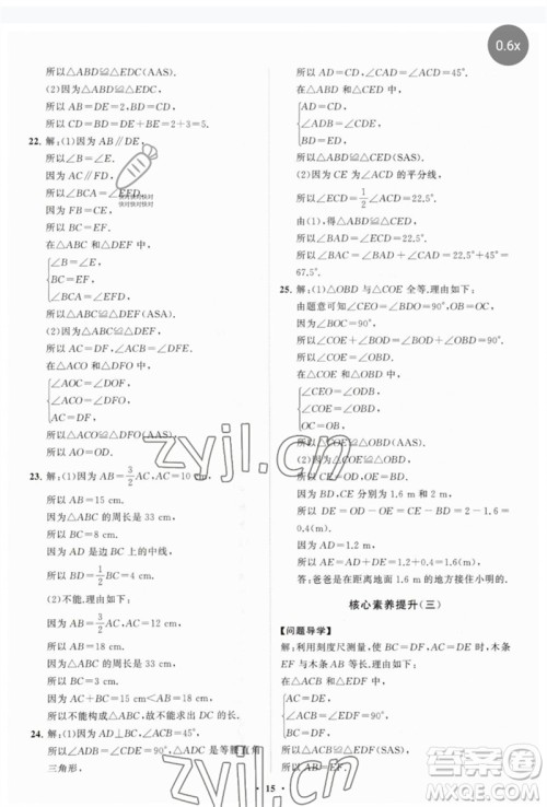 山东教育出版社2023初中同步练习册分层卷七年级数学下册北师大版参考答案
