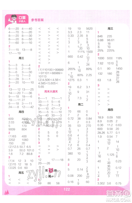 江西人民出版社2023王朝霞口算小达人六年级下册数学人教版参考答案