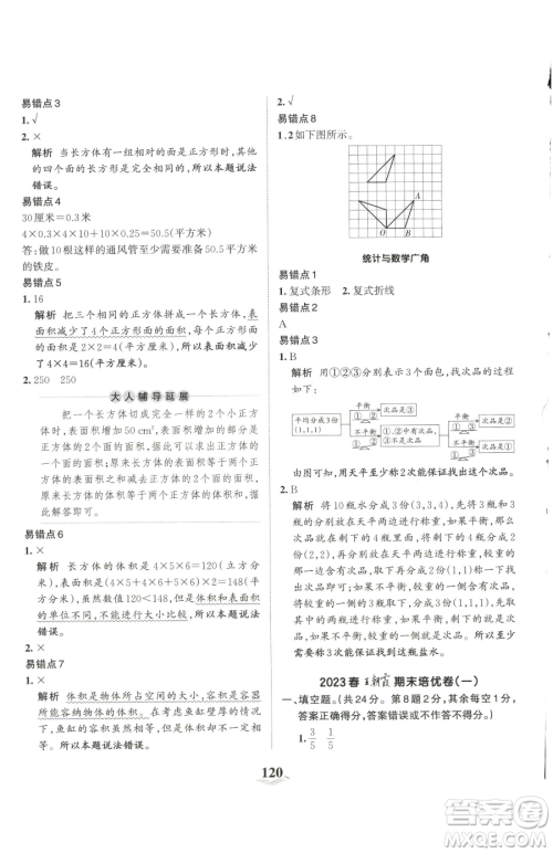 江西人民出版社2023王朝霞培优100分五年级下册数学人教版参考答案