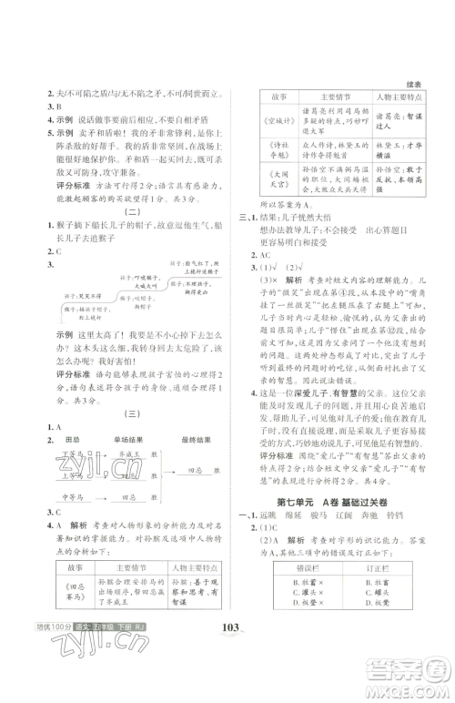 江西人民出版社2023王朝霞培优100分五年级下册语文人教版参考答案