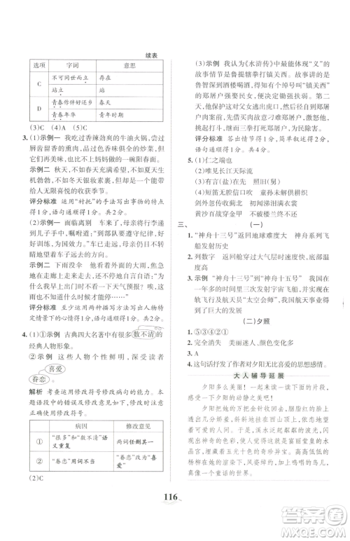 江西人民出版社2023王朝霞培优100分五年级下册语文人教版参考答案