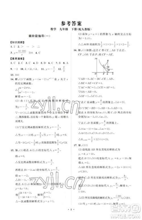 山东教育出版社2023初中同步练习册分层卷九年级数学下册人教版参考答案