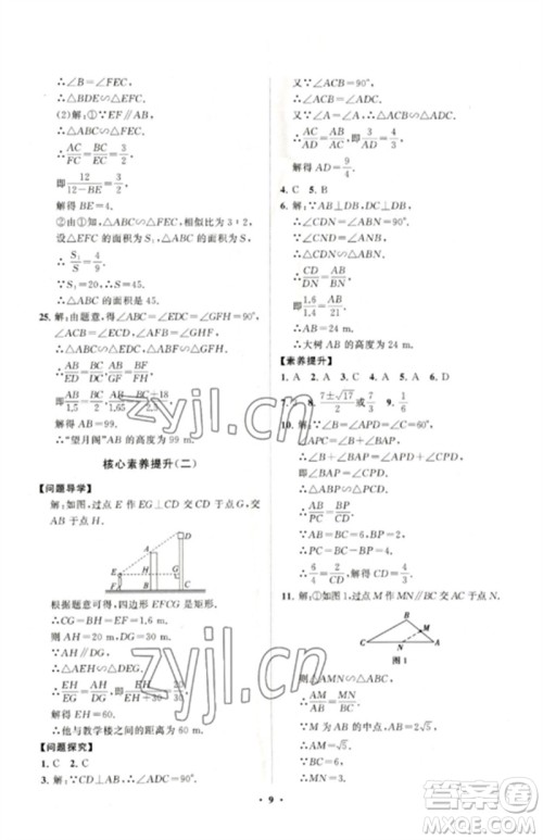 山东教育出版社2023初中同步练习册分层卷九年级数学下册人教版参考答案