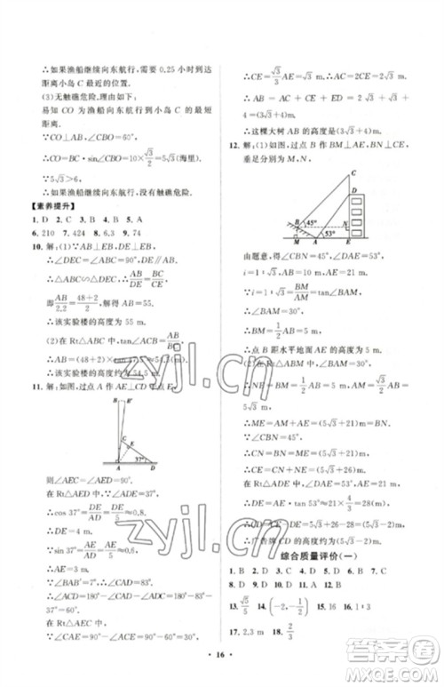 山东教育出版社2023初中同步练习册分层卷九年级数学下册人教版参考答案