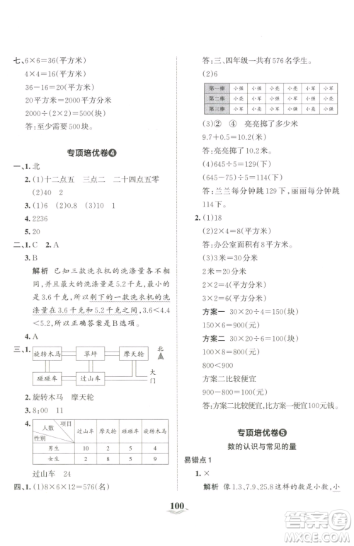 江西人民出版社2023王朝霞培优100分三年级下册数学人教版参考答案