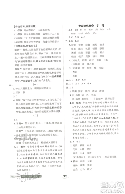 江西人民出版社2023王朝霞培优100分六年级下册语文人教版参考答案