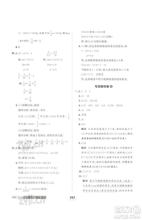 江西人民出版社2023王朝霞培优100分六年级下册数学人教版参考答案