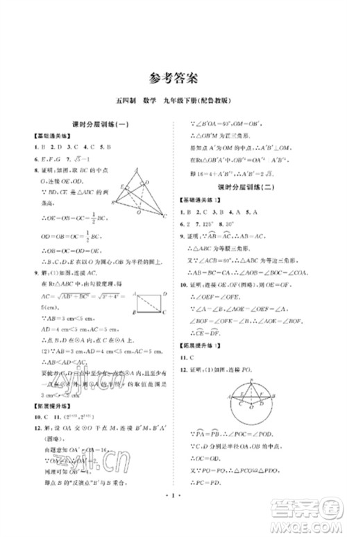 山东教育出版社2023初中同步练习册分层卷九年级数学下册鲁教版五四制参考答案 山东教育出版社2023初中同步练习册分层卷九年级数学下册鲁教版五四制参考答案