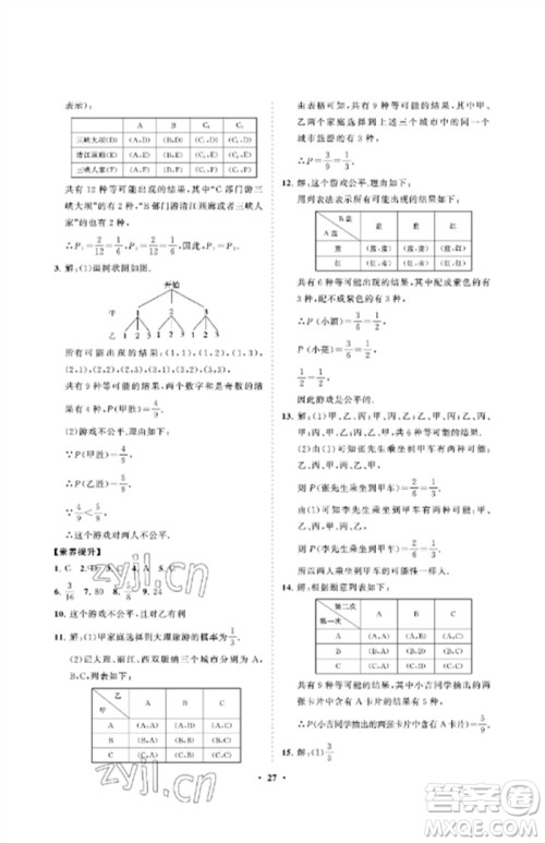 山东教育出版社2023初中同步练习册分层卷九年级数学下册鲁教版五四制参考答案 山东教育出版社2023初中同步练习册分层卷九年级数学下册鲁教版五四制参考答案