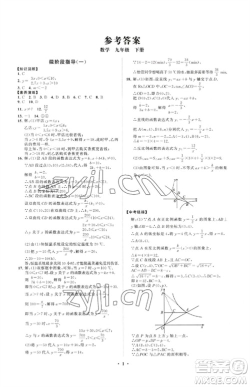 山东教育出版社2023初中同步练习册分层卷九年级数学下册青岛版参考答案