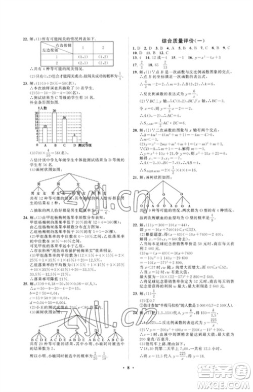 山东教育出版社2023初中同步练习册分层卷九年级数学下册青岛版参考答案