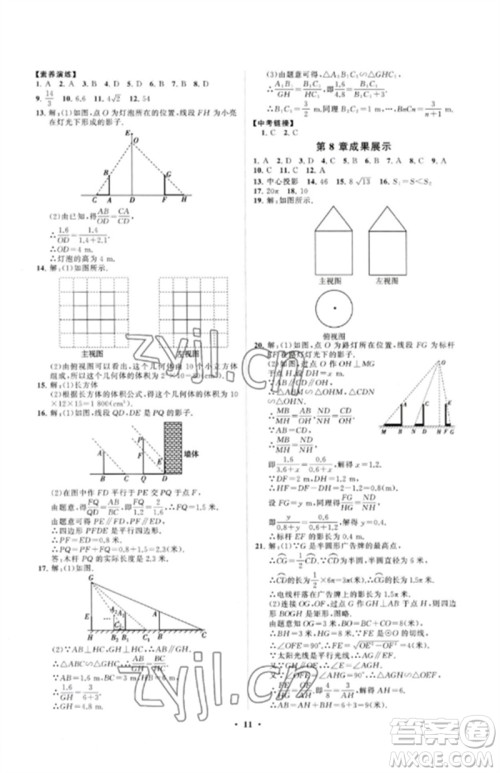 山东教育出版社2023初中同步练习册分层卷九年级数学下册青岛版参考答案