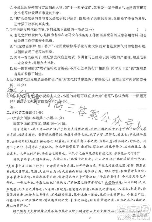 2023届高三4月大联考新高考卷语文试卷答案