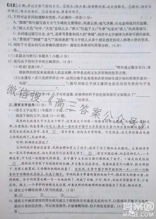 2023届高三4月大联考新高考卷语文试卷答案